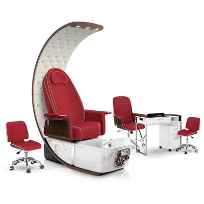 PRIVÉ Lounge Pedicure Scarlet Cushion, White Moonstone Base, White PRIVÉ Matching Table Set