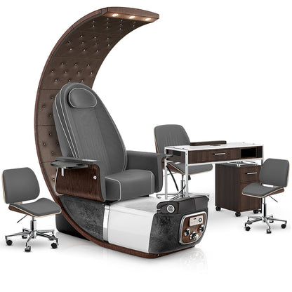 Graphite-Black Moonstone-Dark Walnut Lexor PRIVÉ Lounge Pedicure Chair and Matching PRIVÉ Nail Table Set