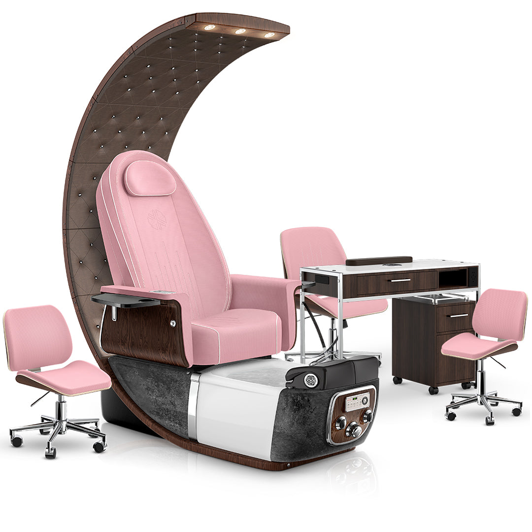 Ice Pink-Black Moonstone-Cola-Dark Walnut Lexor PRIVÉ Lounge Pedicure Chair and Matching PRIVÉ Nail Table Set