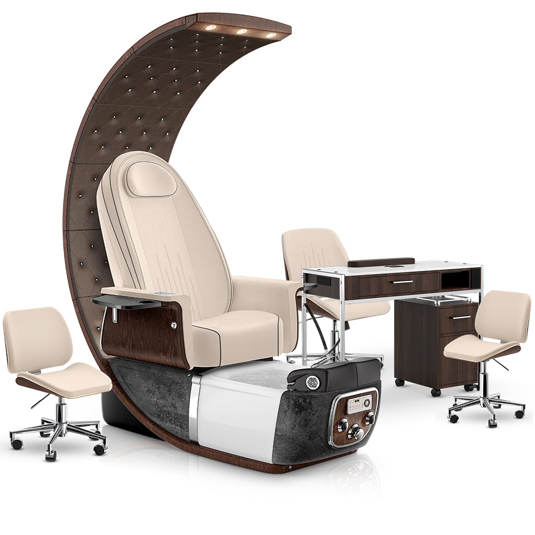 Ivory-Black Moonstone-Dark Walnut Lexor PRIVÉ Lounge Pedicure Chair and Matching PRIVÉ Nail Table Set