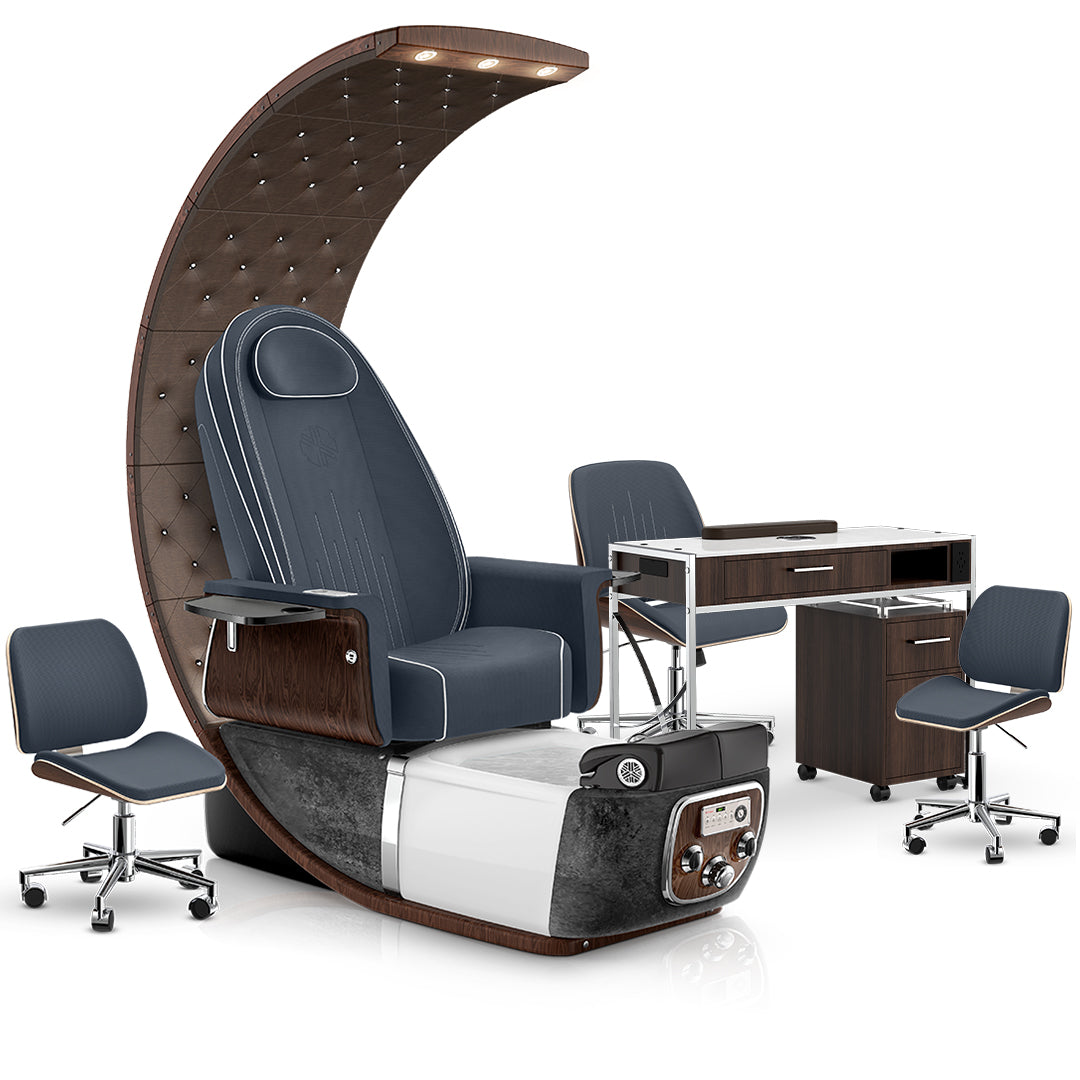 Midnight-Black Moonstone-Dark Walnut Lexor PRIVÉ Lounge Pedicure Chair and Matching PRIVÉ Nail Table Set
