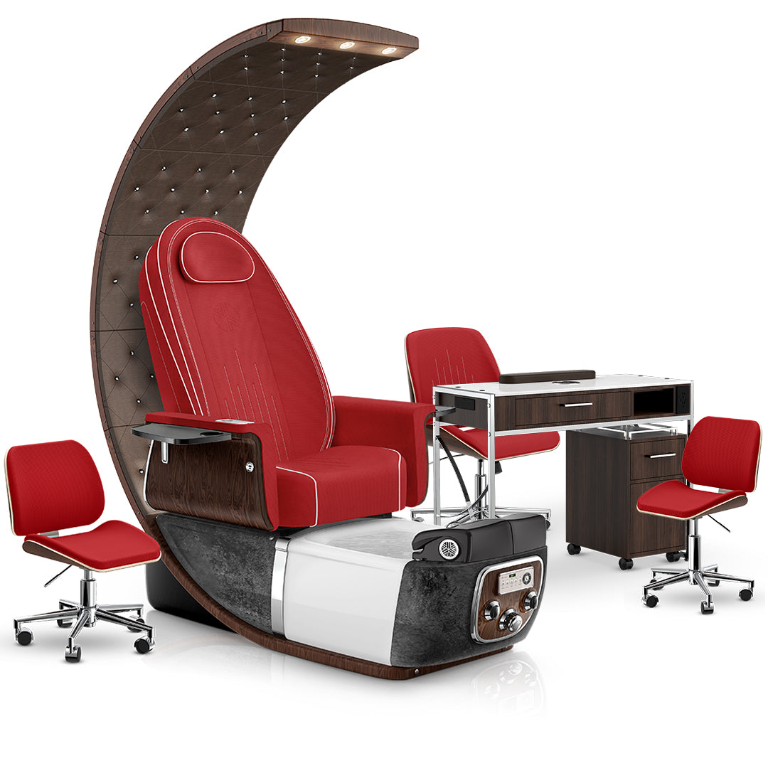Scarlet-Black Moonstone-Dark Walnut Lexor PRIVÉ Lounge Pedicure Chair and Matching PRIVÉ Nail Table Set