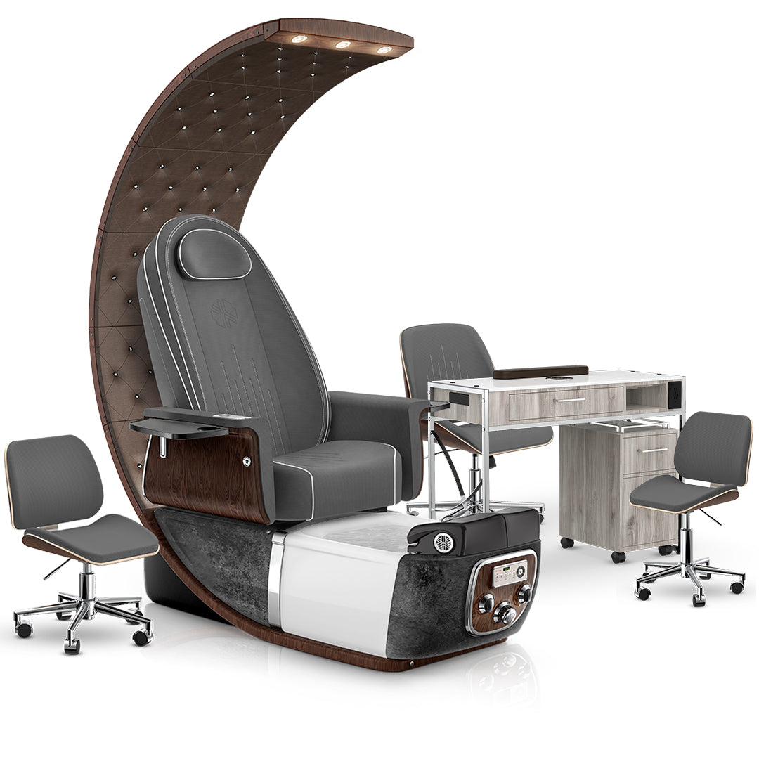 Graphite-Black Moonstone-Hazel Lexor PRIVÉ Lounge Pedicure Chair and Matching PRIVÉ Nail Table Set