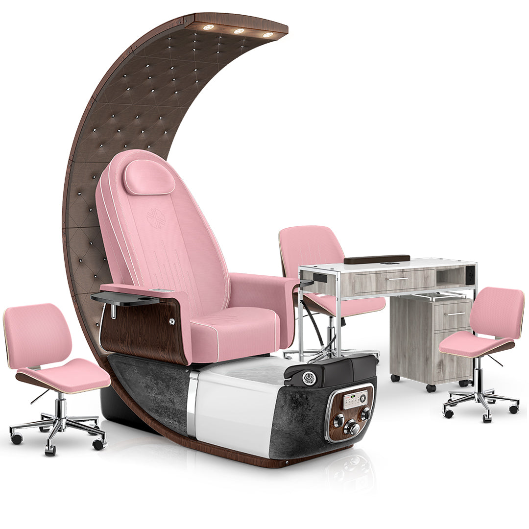 Ice Pink-Black Moonstone-Cola-Hazel Lexor PRIVÉ Lounge Pedicure Chair and Matching PRIVÉ Nail Table Set