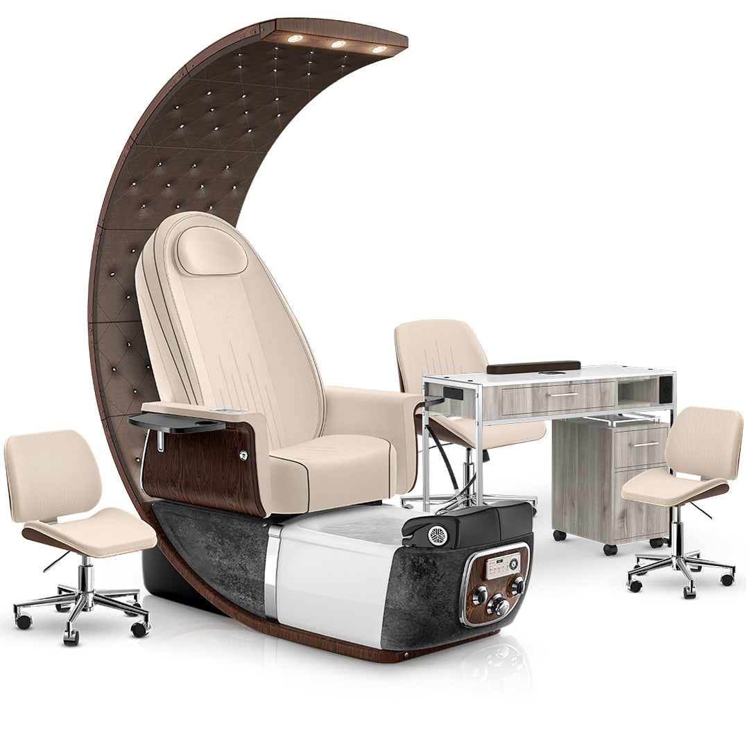 Ivory-Black Moonstone-Hazel Lexor PRIVÉ Lounge Pedicure Chair and Matching PRIVÉ Nail Table Set