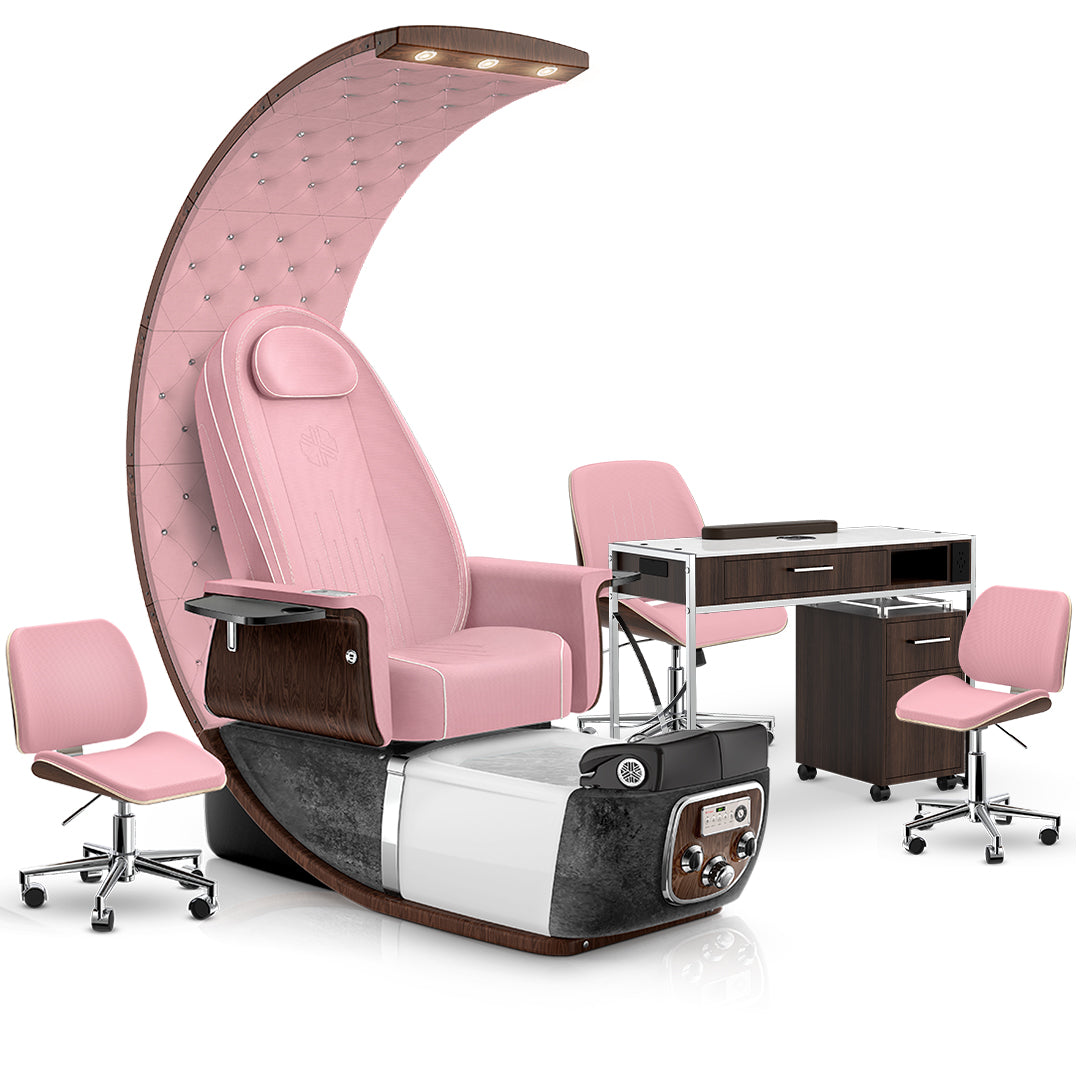 Ice Pink-Black Moonstone-Ice Pink-Dark Walnut Lexor PRIVÉ Lounge Pedicure Chair and Matching PRIVÉ Nail Table Set