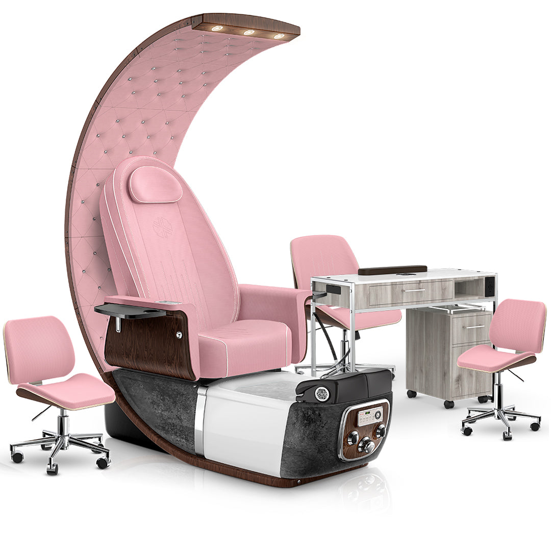 Ice Pink-Black Moonstone-Ice Pink-Hazel Lexor PRIVÉ Lounge Pedicure Chair and Matching PRIVÉ Nail Table Set