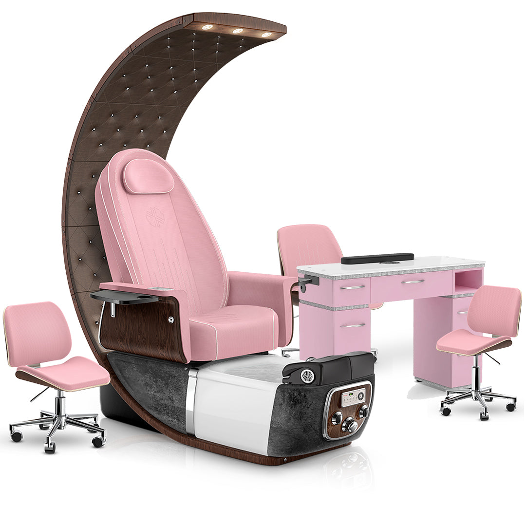 Ice Pink-Black Moonstone-Cola-Pink Lexor PRIVÉ Lounge Pedicure Chair and Matching PRIVÉ Nail Table Set