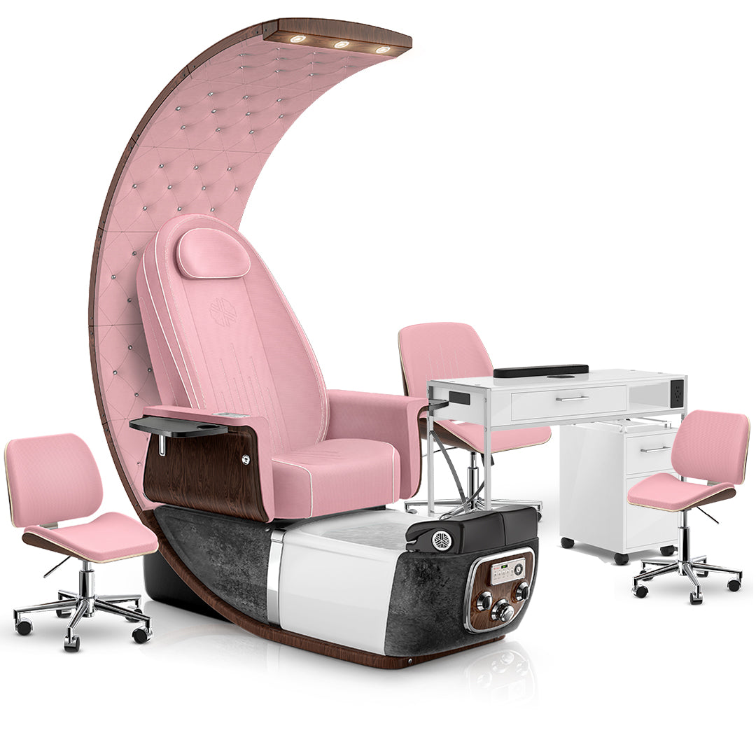 Ice Pink-Black Moonstone-Ice Pink-White Lexor PRIVÉ Lounge Pedicure Chair and Matching PRIVÉ Nail Table Set