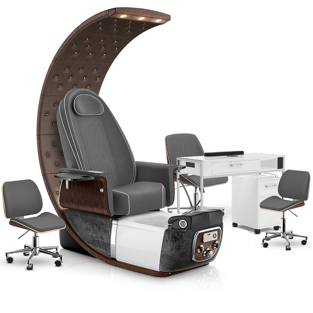 Graphite-Black Moonstone-White Lexor PRIVÉ Lounge Pedicure Chair and Matching PRIVÉ Nail Table Set