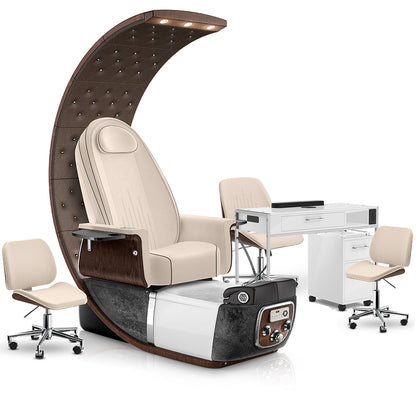 Ivory-Black Moonstone-White Lexor PRIVÉ Lounge Pedicure Chair and Matching PRIVÉ Nail Table Set