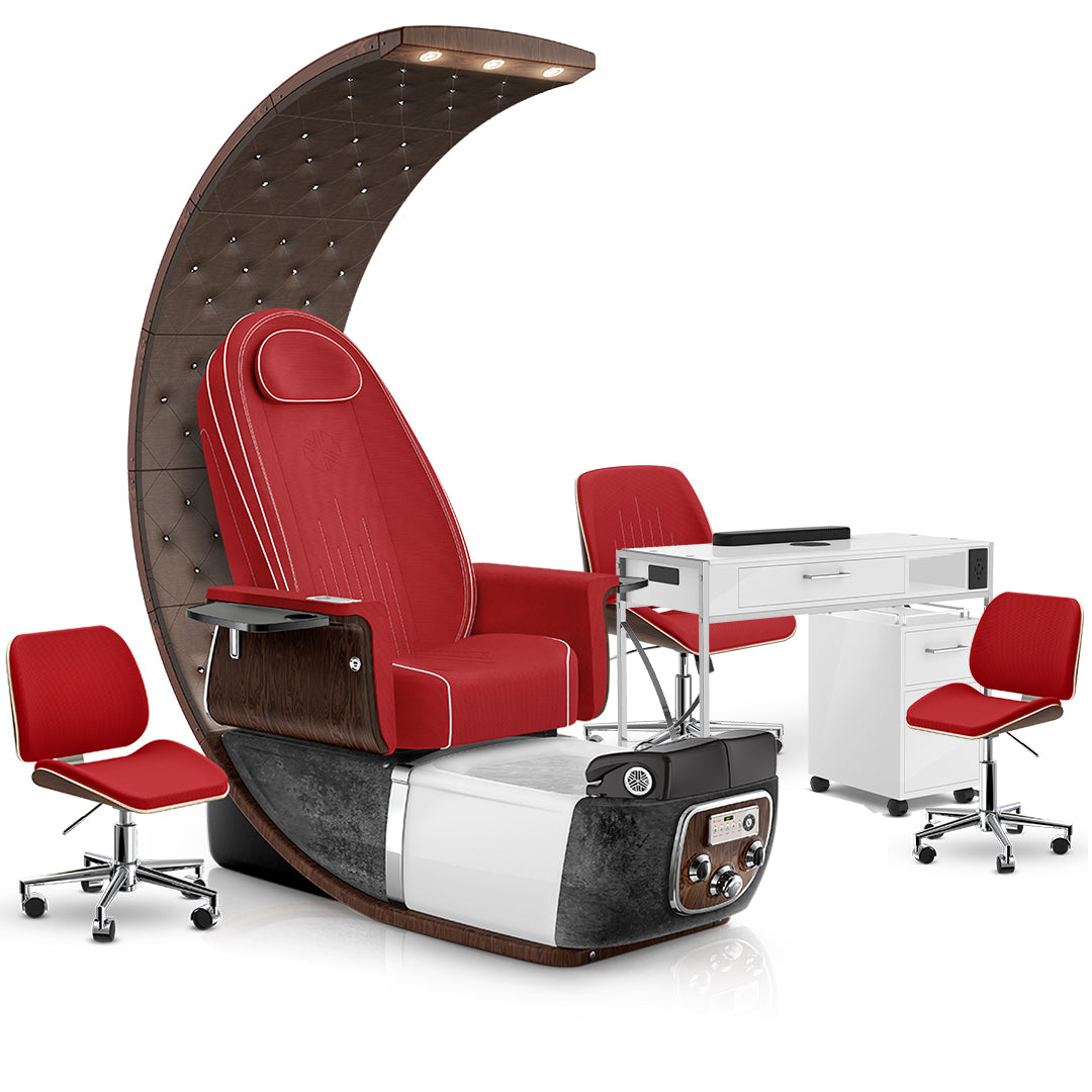 Scarlet-Black Moonstone-White Lexor PRIVÉ Lounge Pedicure Chair and Matching PRIVÉ Nail Table Set