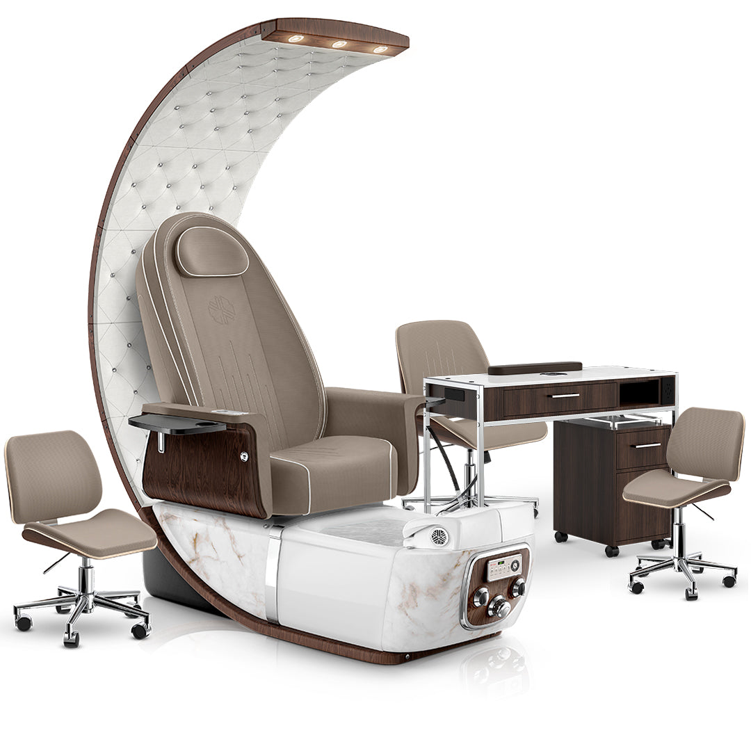 Claystone-White Moonstone-Dark Walnut Lexor PRIVÉ Lounge Pedicure Chair and Matching PRIVÉ Nail Table Set