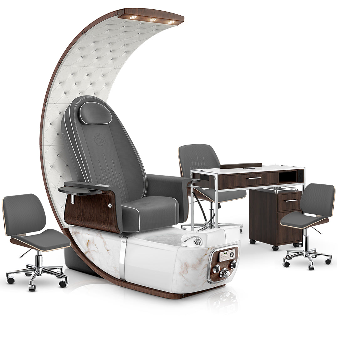 Graphite-White Moonstone-Dark Walnut Lexor PRIVÉ Lounge Pedicure Chair and Matching PRIVÉ Nail Table Set
