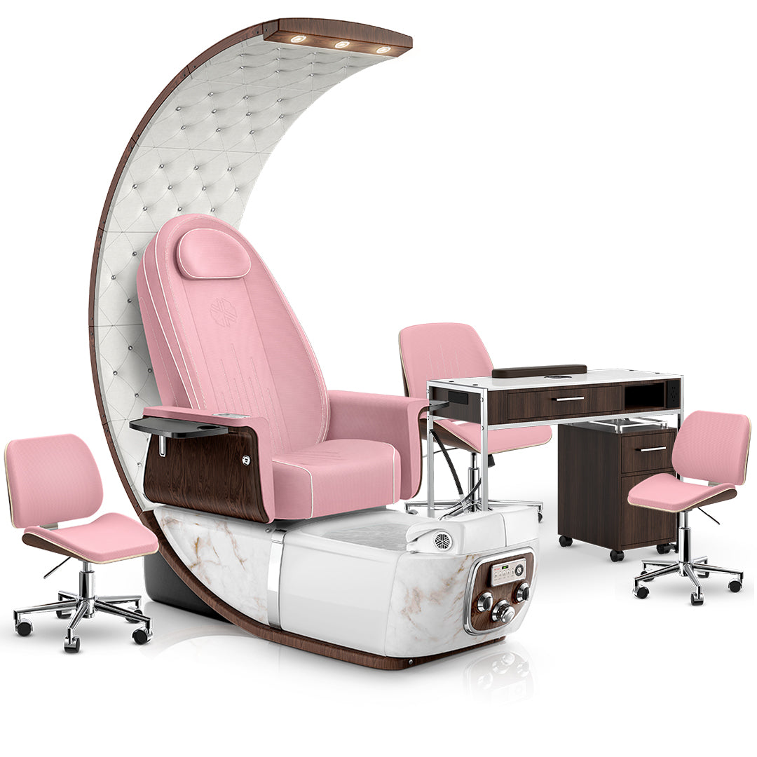 Ice Pink-White Moonstone-Opal-Dark Walnut Lexor PRIVÉ Lounge Pedicure Chair and Matching PRIVÉ Nail Table Set