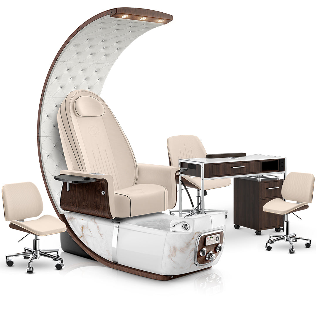 Ivory-White Moonstone-Dark Walnut Lexor PRIVÉ Lounge Pedicure Chair and Matching PRIVÉ Nail Table Set