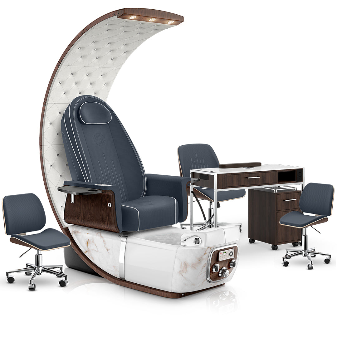 Midnight-White Moonstone-Dark Walnut Lexor PRIVÉ Lounge Pedicure Chair and Matching PRIVÉ Nail Table Set