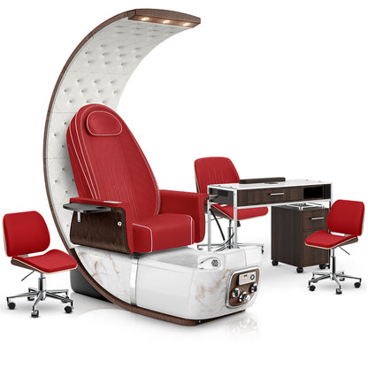 Scarlet-White Moonstone-Dark Walnut Lexor PRIVÉ Lounge Pedicure Chair and Matching PRIVÉ Nail Table Set