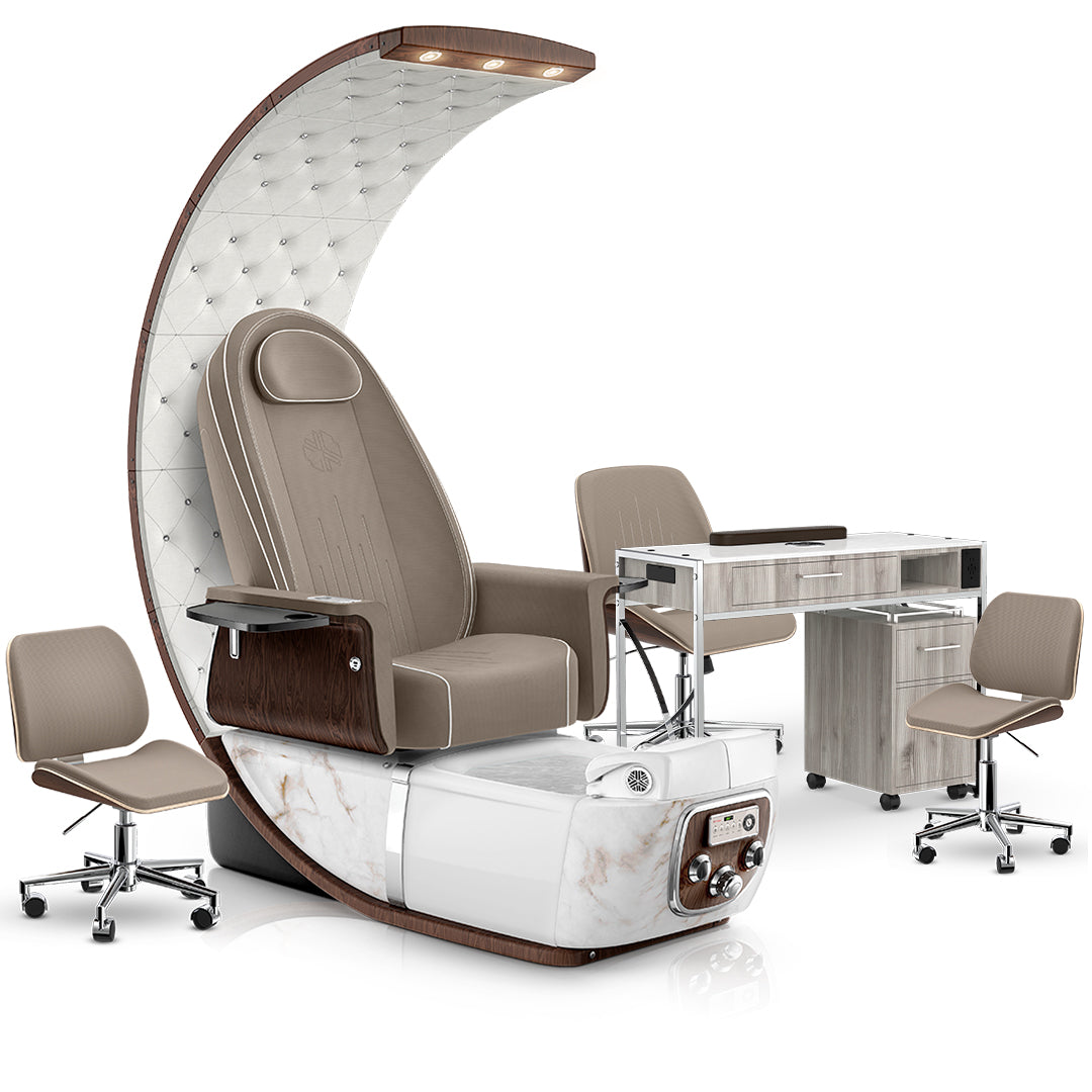 Claystone-White Moonstone-Hazel Lexor PRIVÉ Lounge Pedicure Chair and Matching PRIVÉ Nail Table Set