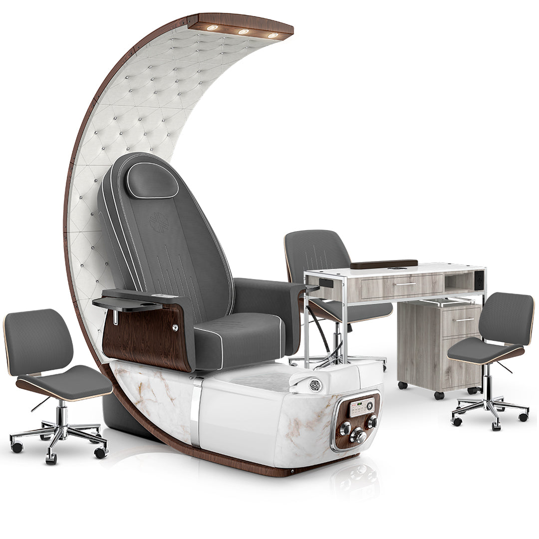 Graphite-White Moonstone-Hazel Lexor PRIVÉ Lounge Pedicure Chair and Matching PRIVÉ Nail Table Set
