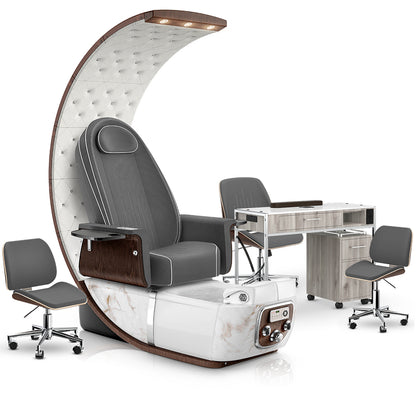 Graphite-White Moonstone-Hazel Lexor PRIVÉ Lounge Pedicure Chair and Matching PRIVÉ Nail Table Set
