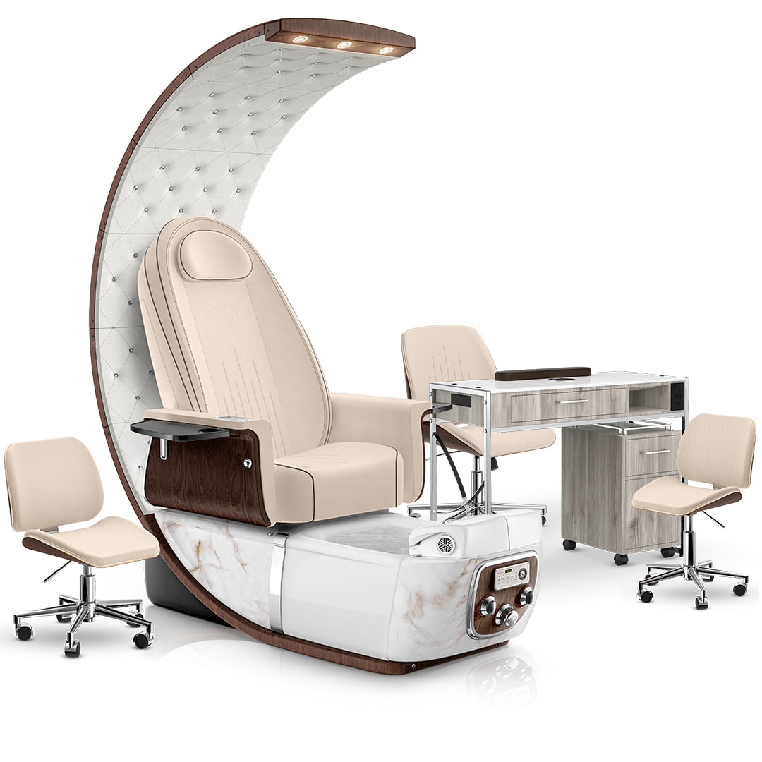 Ivory-White Moonstone-Hazel Lexor PRIVÉ Lounge Pedicure Chair and Matching PRIVÉ Nail Table Set