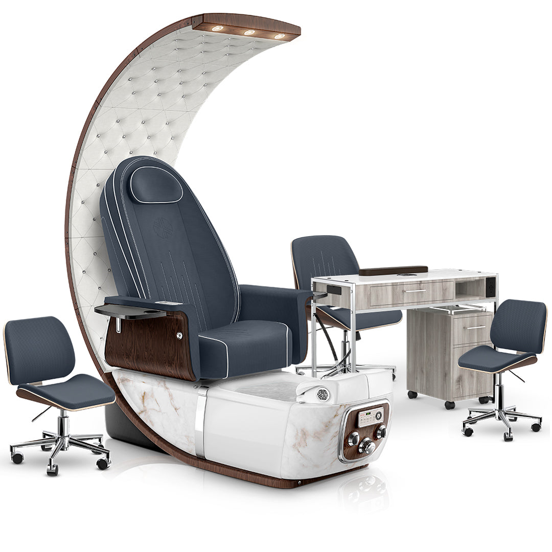Midnight-White Moonstone-Hazel Lexor PRIVÉ Lounge Pedicure Chair and Matching PRIVÉ Nail Table Set
