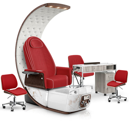 Scarlet-White Moonstone-Hazel Lexor PRIVÉ Lounge Pedicure Chair and Matching PRIVÉ Nail Table Set