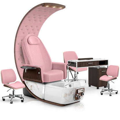 Ice Pink-White Moonstone-Ice Pink-Dark Walnut Lexor PRIVÉ Lounge Pedicure Chair and Matching PRIVÉ Nail Table Set