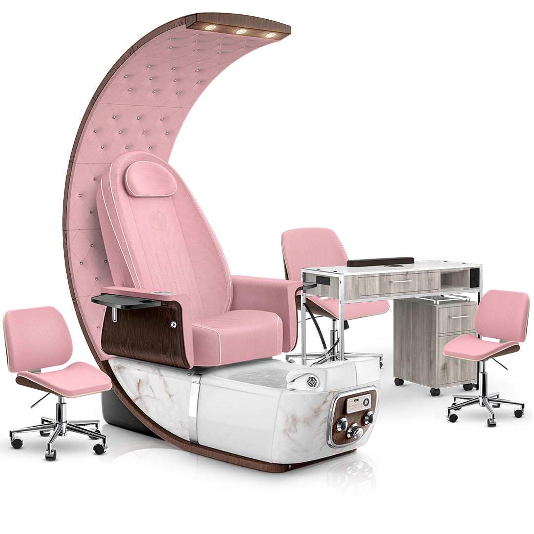 Ice Pink-White Moonstone-Ice Pink-Hazel Lexor PRIVÉ Lounge Pedicure Chair and Matching PRIVÉ Nail Table Set