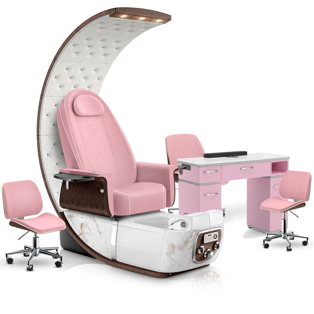 Ice Pink-White Moonstone-Opal-Pink Lexor PRIVÉ Lounge Pedicure Chair and Matching PRIVÉ Nail Table Set