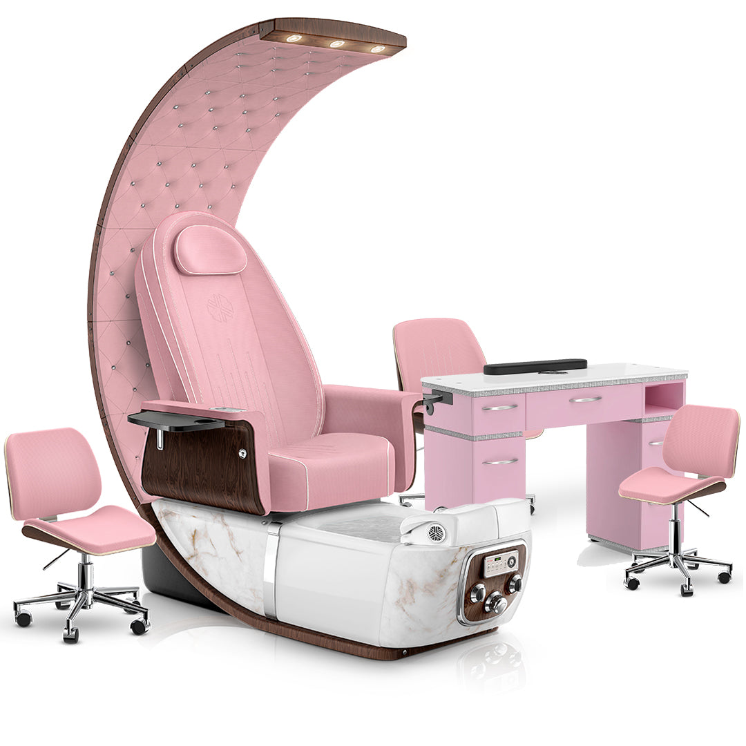 Ice Pink-White Moonstone-Ice Pink-Pink Lexor PRIVÉ Lounge Pedicure Chair and Matching PRIVÉ Nail Table Set