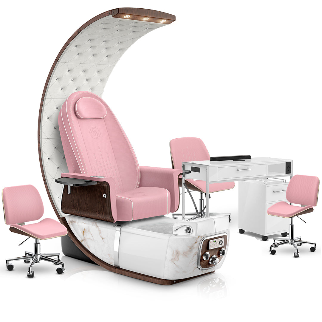 Ice Pink-White Moonstone-Opal-White Lexor PRIVÉ Lounge Pedicure Chair and Matching PRIVÉ Nail Table Set