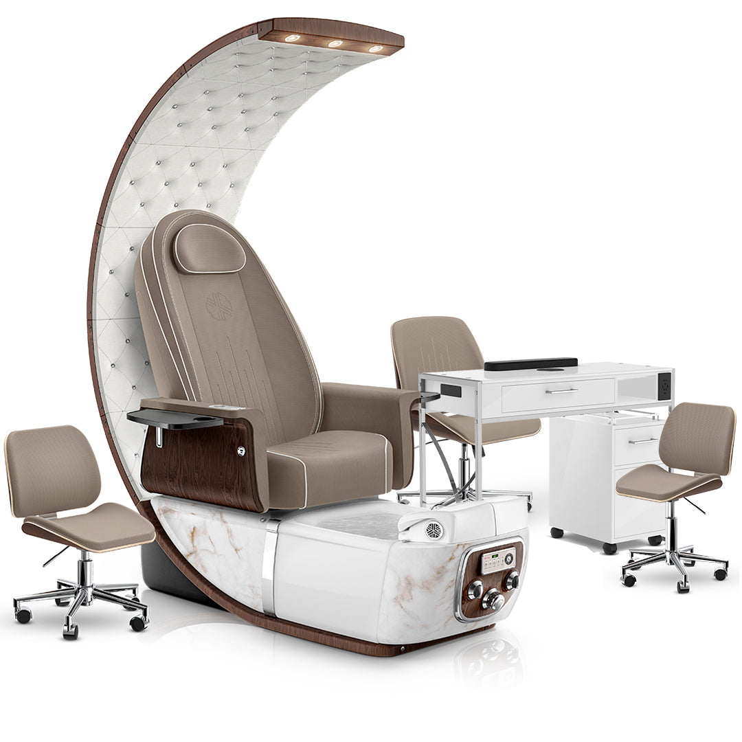 Claystone-White Moonstone-White Lexor PRIVÉ Lounge Pedicure Chair and Matching PRIVÉ Nail Table Set