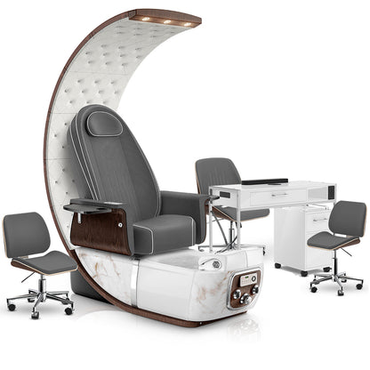 Graphite-White Moonstone-White Lexor PRIVÉ Lounge Pedicure Chair and Matching PRIVÉ Nail Table Set