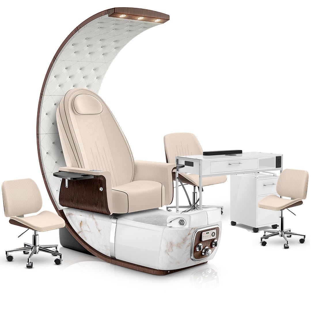 Ivory-White Moonstone-White Lexor PRIVÉ Lounge Pedicure Chair and Matching PRIVÉ Nail Table Set