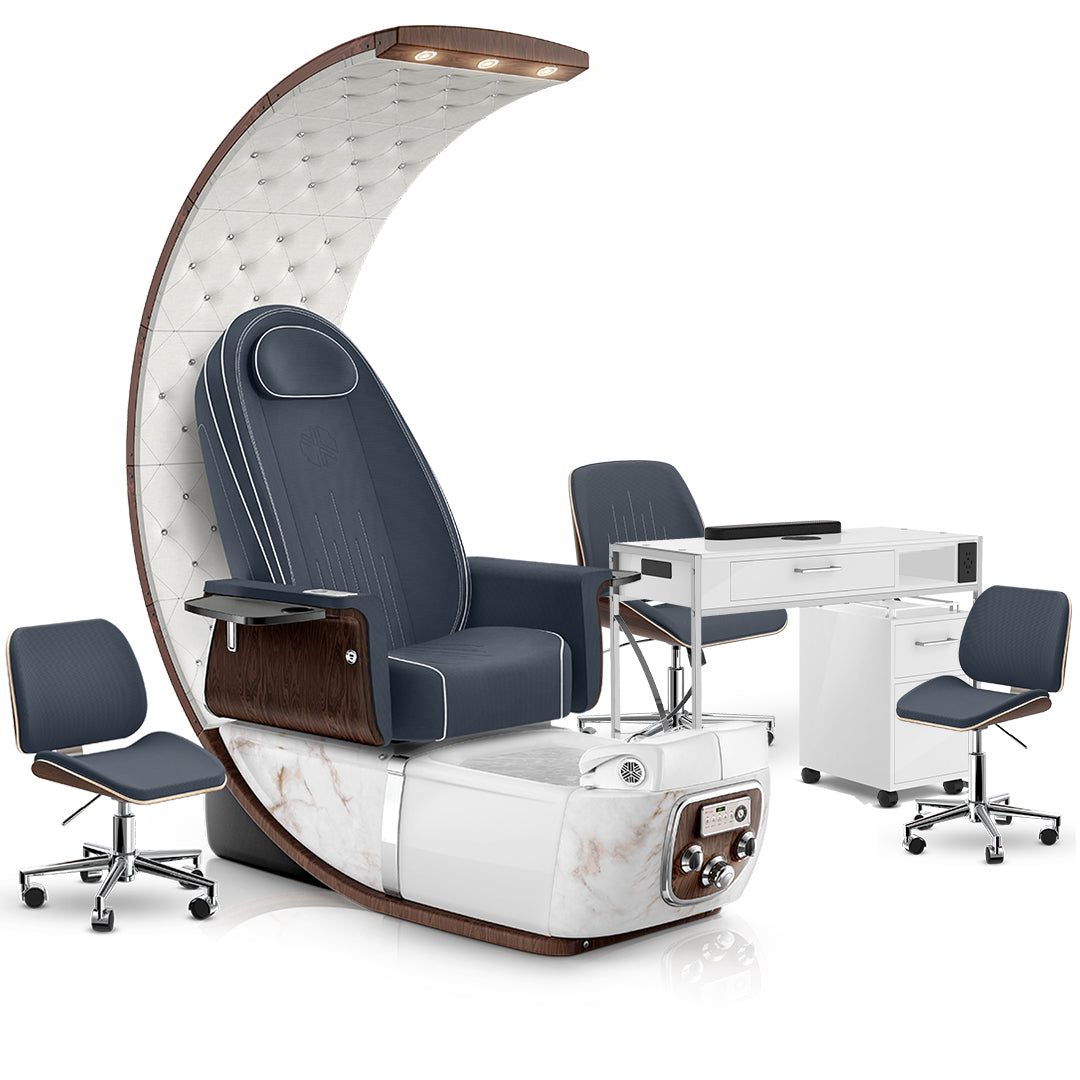 Midnight-White Moonstone-White Lexor PRIVÉ Lounge Pedicure Chair and Matching PRIVÉ Nail Table Set