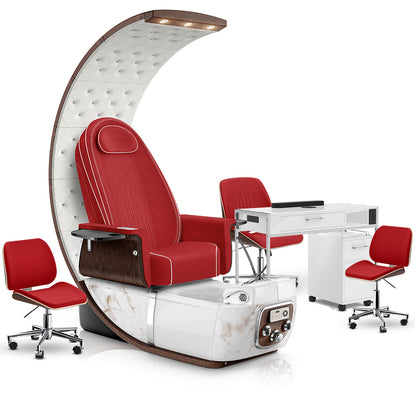 Scarlet-White Moonstone-White Lexor PRIVÉ Lounge Pedicure Chair and Matching PRIVÉ Nail Table Set