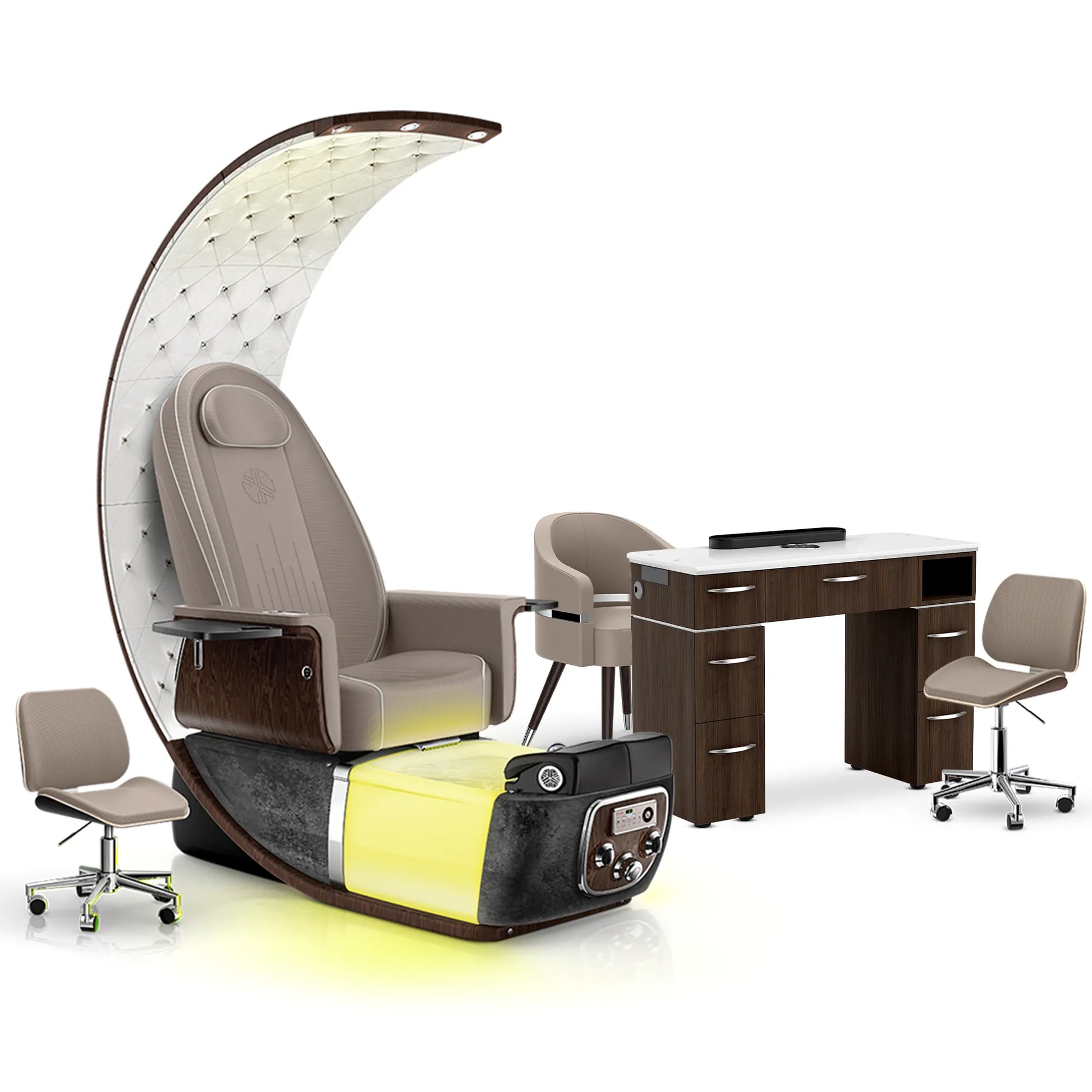 Claystone-Black Moonstone-Dark Walnut Lexor PRIVÉ Lounge Pedicure Chair and Matching VM313 Nail Table Set
