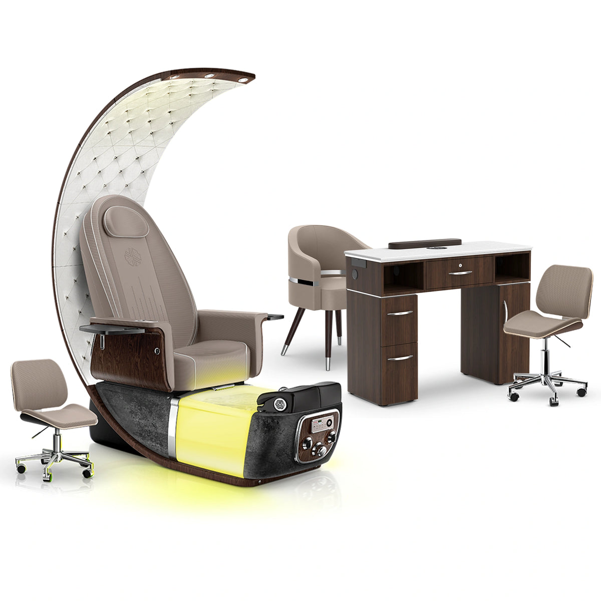 Claystone-Black Moonstone-Dark Walnut - Lexor PRIVÉ Lounge Pedicure Chair and Matching VM313 Nail Table Set