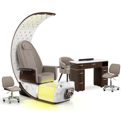 Claystone-White Moonstone-Dark Walnut Lexor PRIVÉ Lounge Pedicure Chair and Matching VM313 Nail Table Set