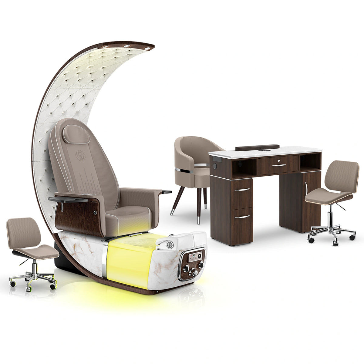 Claystone-White Moonstone-Dark Walnut - Lexor PRIVÉ Lounge Pedicure Chair and Matching VM313 Nail Table Set