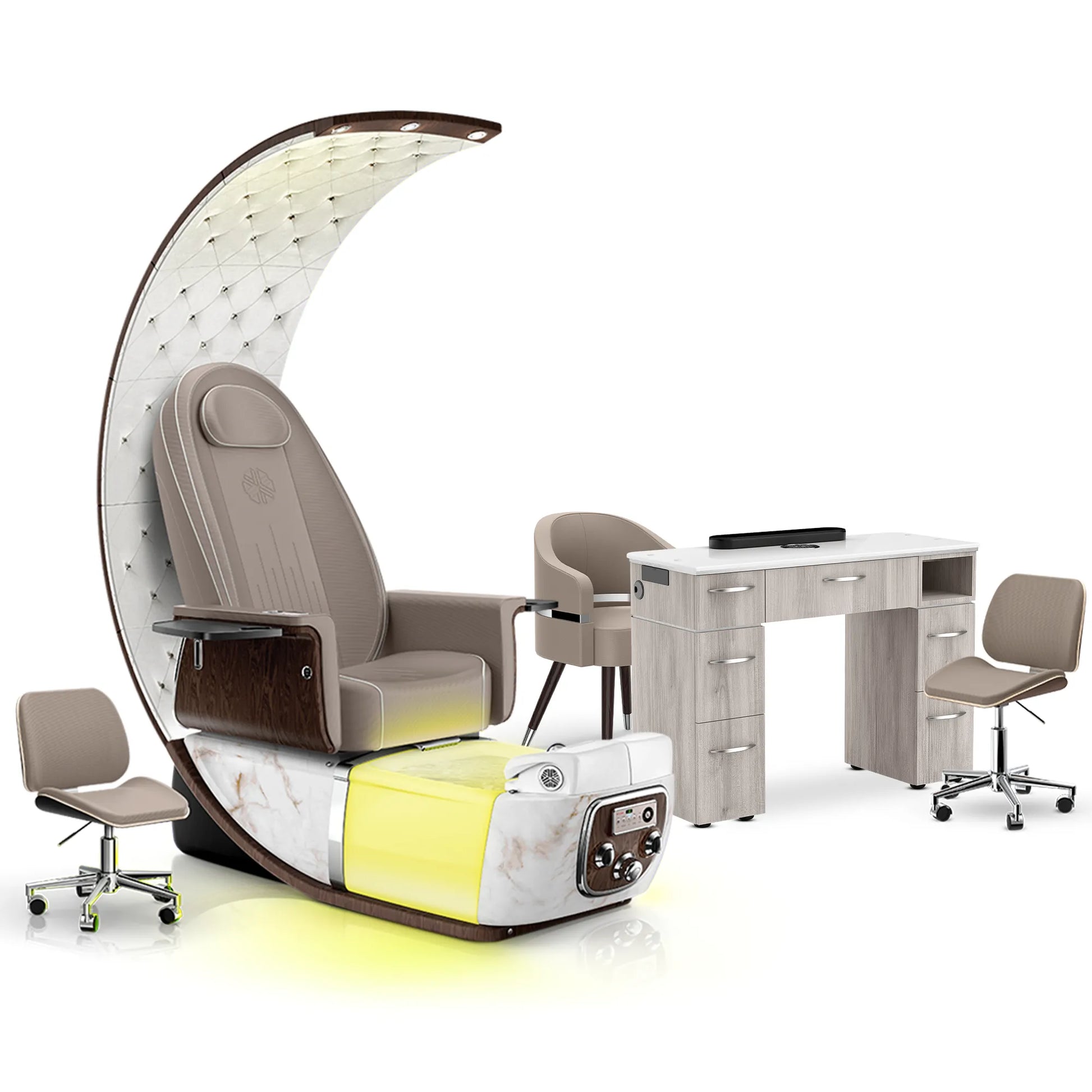 Claystone-White Moonstone-Hazel Lexor PRIVÉ Lounge Pedicure Chair and Matching VM313 Nail Table Set
