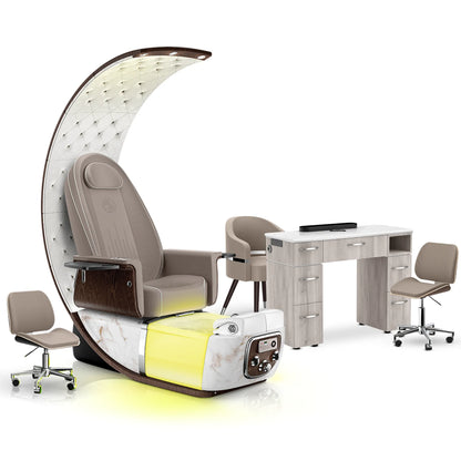 Claystone-White Moonstone-Hazel Lexor PRIVÉ Lounge Pedicure Chair and Matching VM313 Nail Table Set