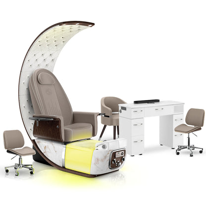 Claystone-White Moonstone-White Lexor PRIVÉ Lounge Pedicure Chair and Matching VM313 Nail Table Set