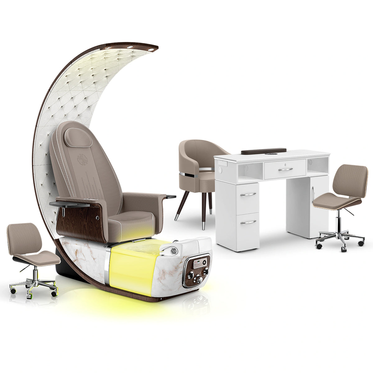Claystone-White Moonstone-White - Lexor PRIVÉ Lounge Pedicure Chair and Matching VM313 Nail Table Set