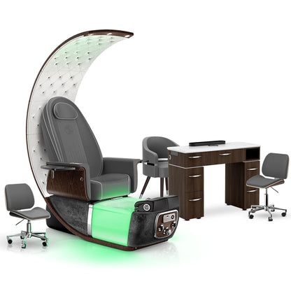 Graphite-Black Moonstone-Dark Walnut Lexor PRIVÉ Lounge Pedicure Chair and Matching VM313 Nail Table Set