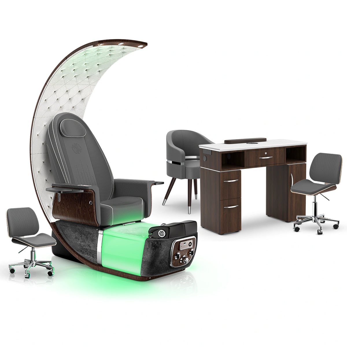 Graphite-Black Moonstone-Dark Walnut - Lexor PRIVÉ Lounge Pedicure Chair and Matching VM313 Nail Table Set