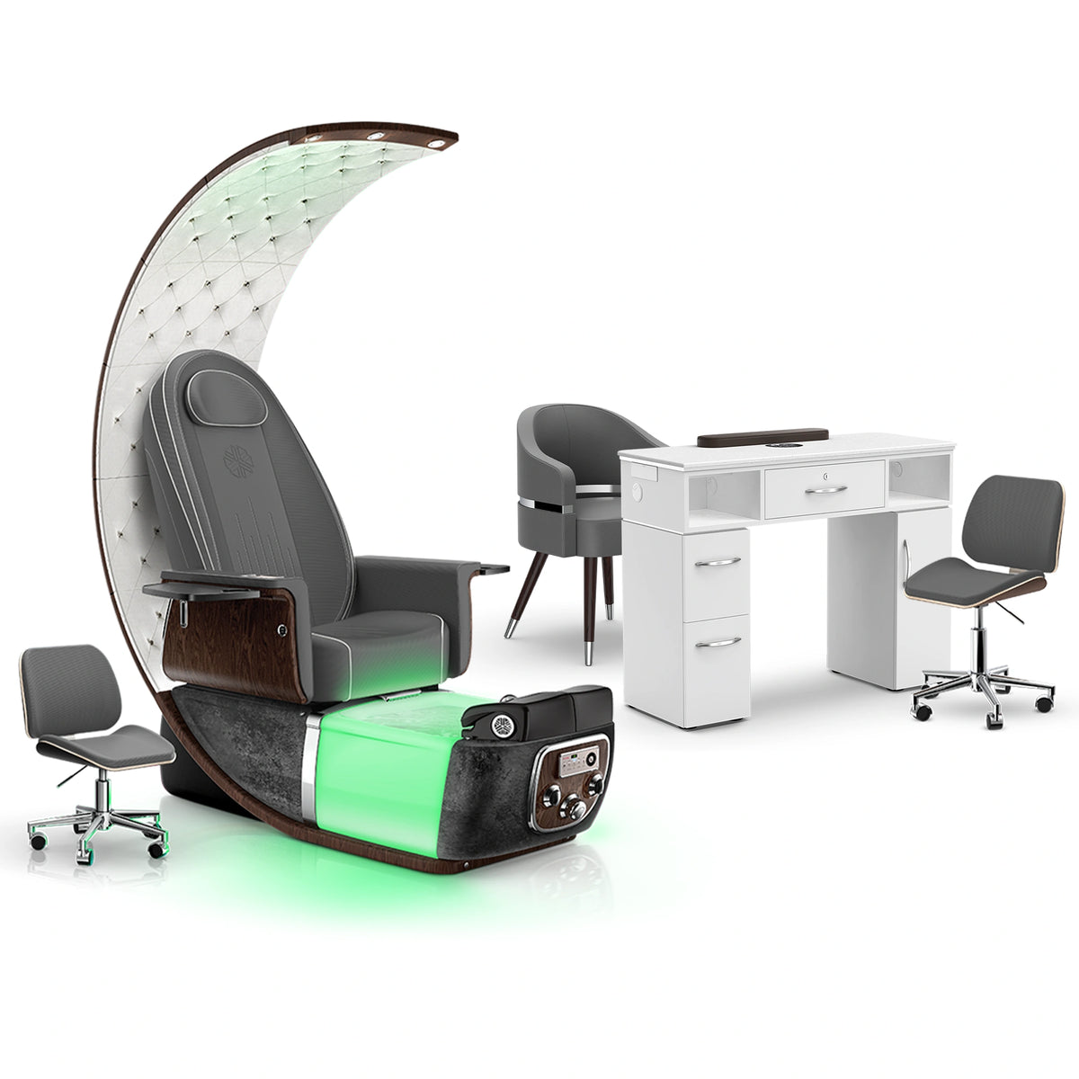 Graphite-Black Moonstone-White - Lexor PRIVÉ Lounge Pedicure Chair and Matching VM313 Nail Table Set