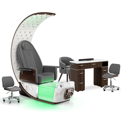 Graphite-White Moonstone-Dark Walnut Lexor PRIVÉ Lounge Pedicure Chair and Matching VM313 Nail Table Set